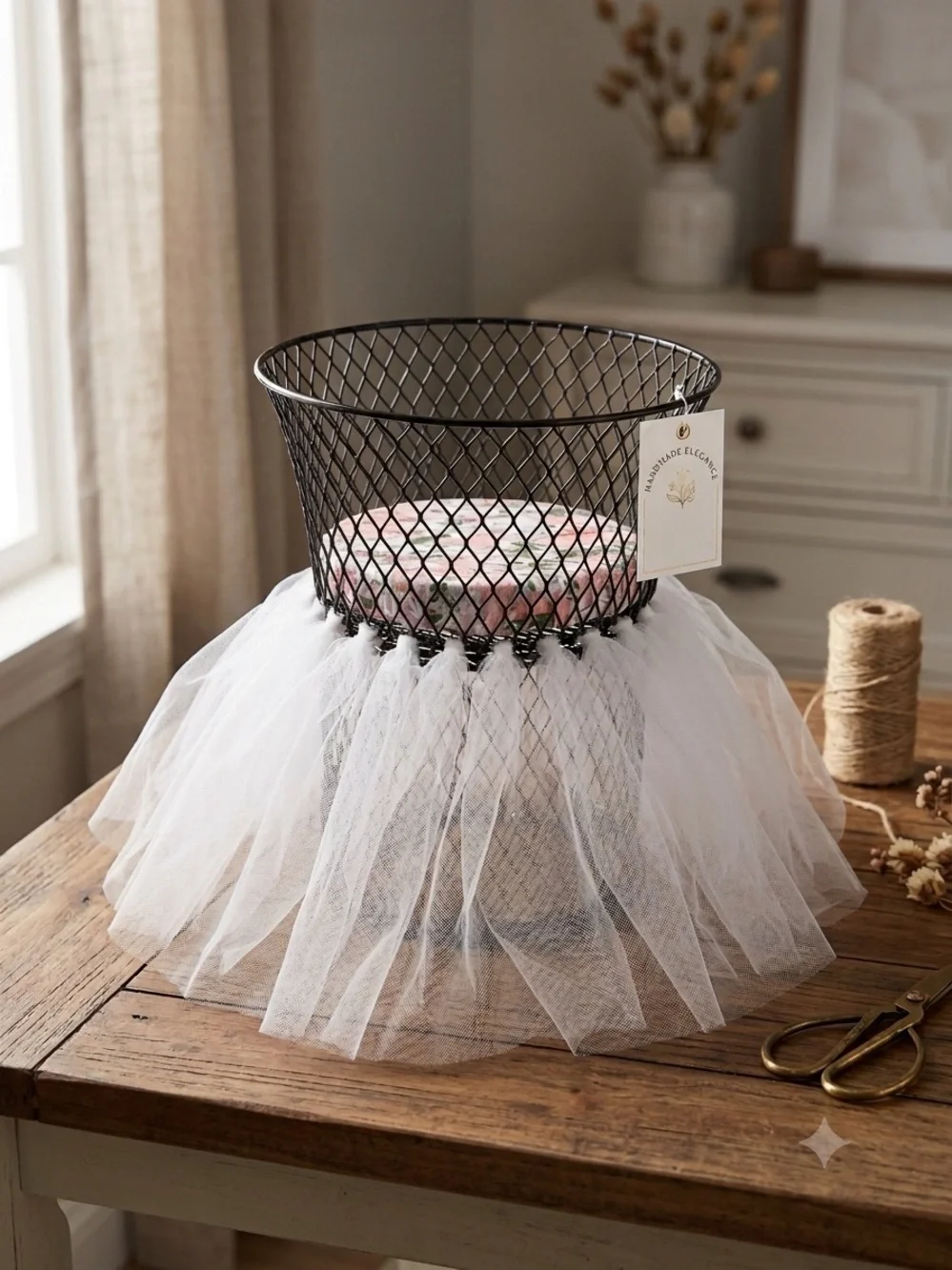 Handmade wire gift basket with skirt & floral seat. For spa, shower, home decor.